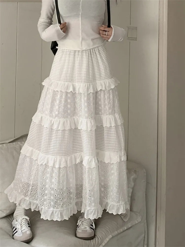 Fairycore Weißer Langer Rock Frauen Cutecore Aushöhlen Haken Floral Patchwork Rüschen Hohe Taille A-linie Maxi Rock Mori Mädchen