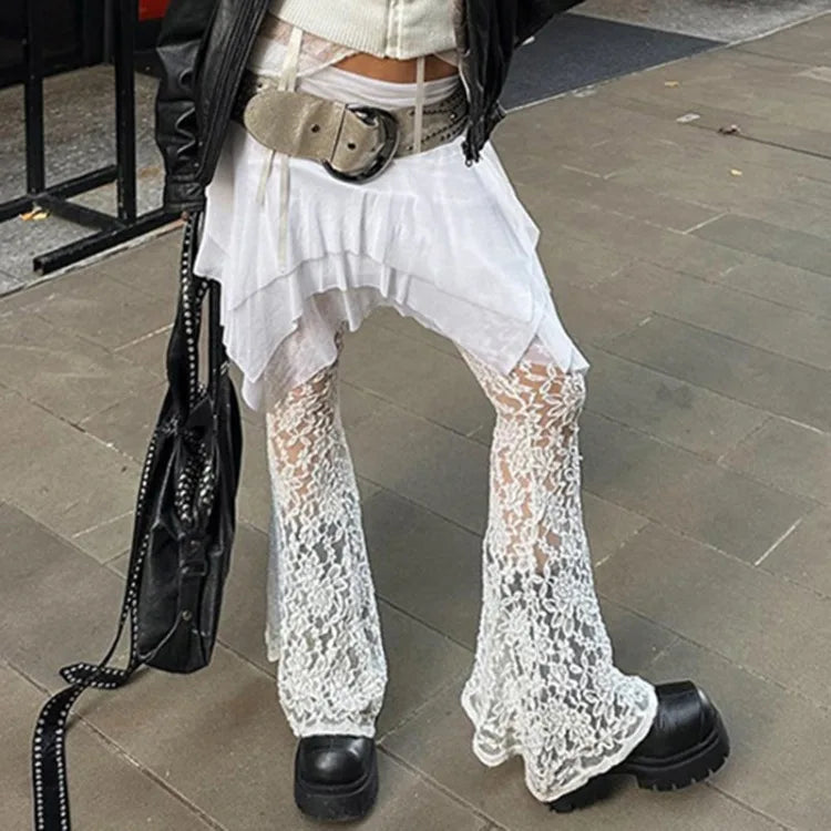 Fashion Sexy Lace Patchwork Skirt Pants 2024 Summer New See Through Mesh  Y2k Grunge Low-waisted Irregular Flare