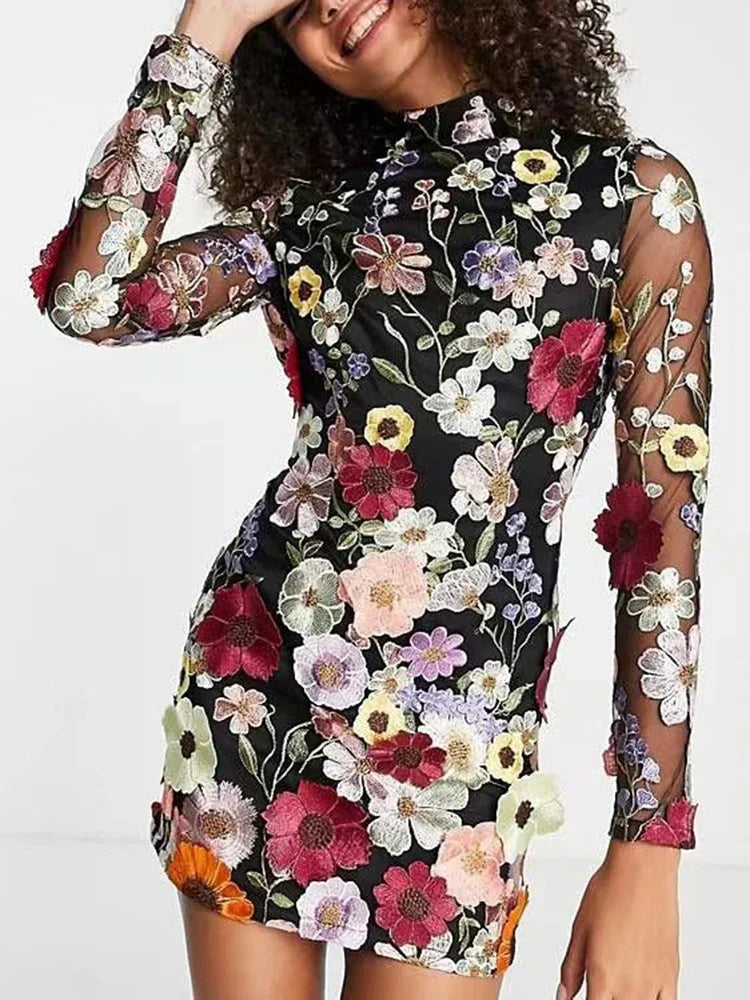 3D Flower Sexy Wrap Hip Dress For Women Slim Long Sleeve Streetwear Vestidos De Mujer 2023 Retro Trend Mini Dresses Woman