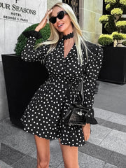 Fashion Dot Lace Up Dress Female Puff Sleeve A-Line Hem Dress Office Lady Elegant Slim Dresses High Street Autumn 2025