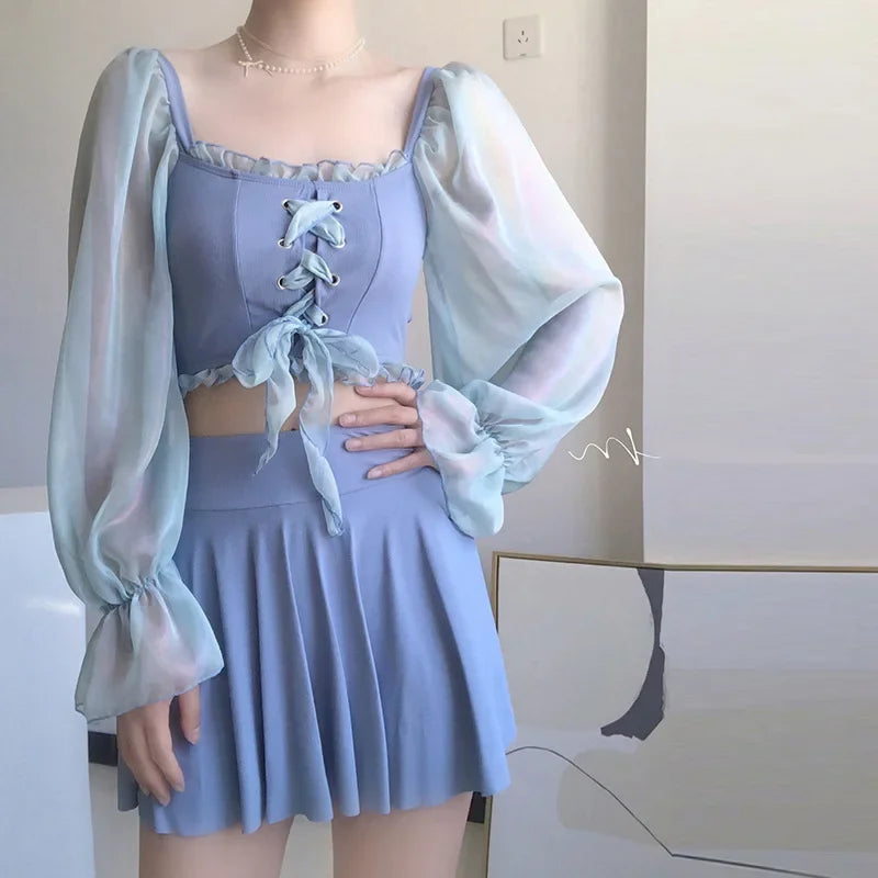 2024 neue Koreanische 2 Stück Badeanzug Frauen Kurzen Rock Net Bikini Band Höhlte Out Bikini Bogen Hohe Taille Bikini Bademode