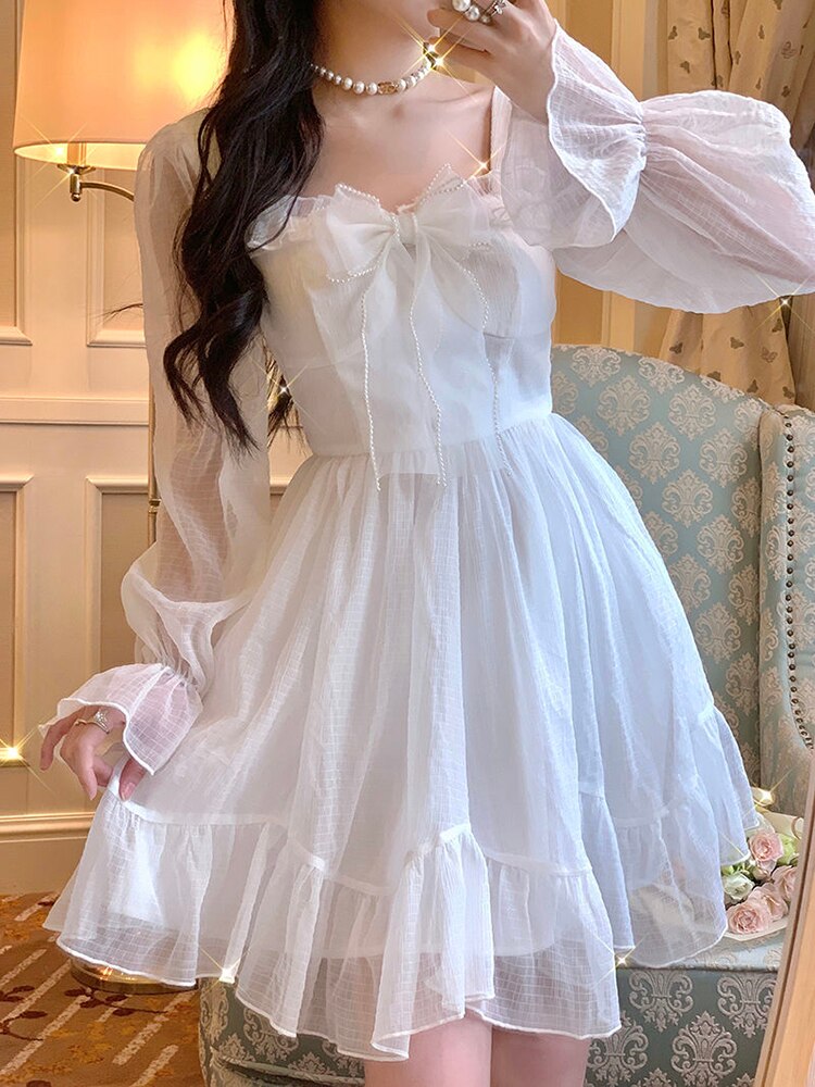 French Sweet Fairy Lolita Dress Women Long Sleeve Lace Y2k Mini Dress Vintage Kawaii Clothes One Piece Dress Korean Spring
