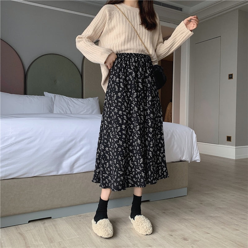 Zurück zum College Vintage Blumendruck A-Linie Plissee Lange Röcke Sommer Damen 2024 Koreanischer Rock Streetwear Kordelzug Elastische Taille Midirock 
