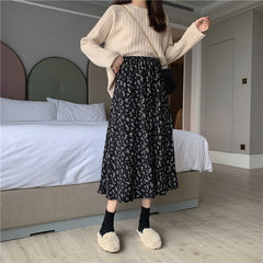 Zurück zum College Vintage Blumendruck A-Linie Plissee Lange Röcke Sommer Damen 2024 Koreanischer Rock Streetwear Kordelzug Elastische Taille Midirock 