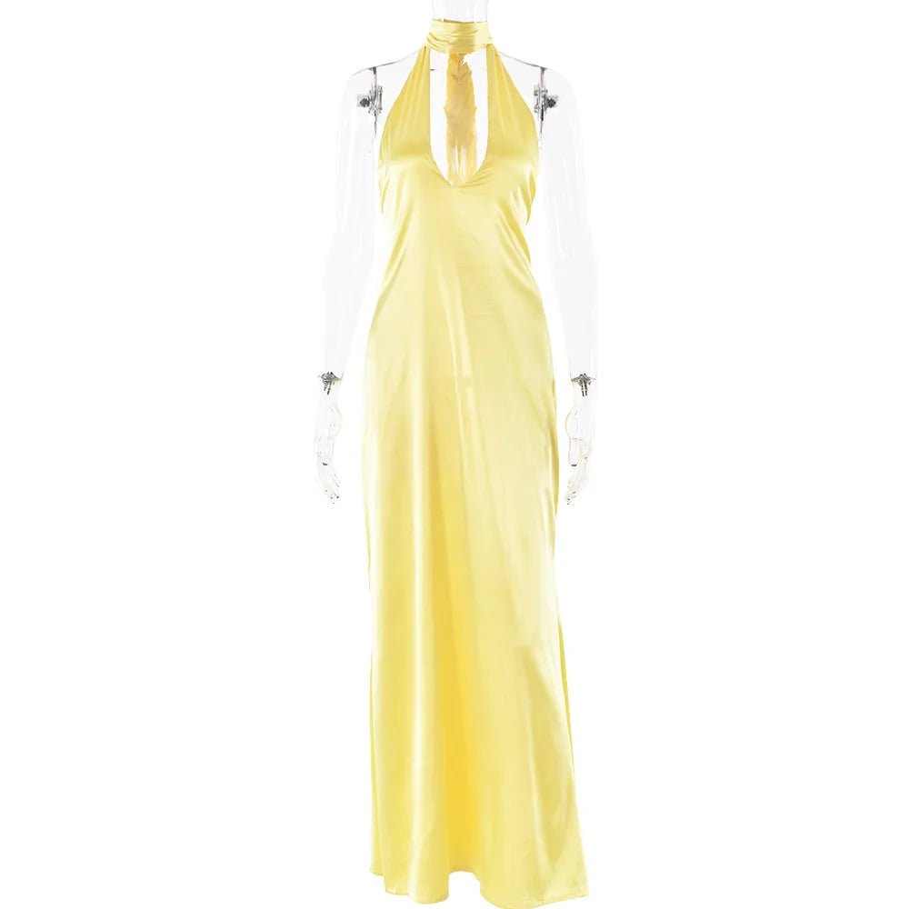 2025 Halter Strap V-Neck Long Dress Women's Sexy Hot Girl Backless Slim Party Dresses Elegant Satin Evening Party Maxi Dress