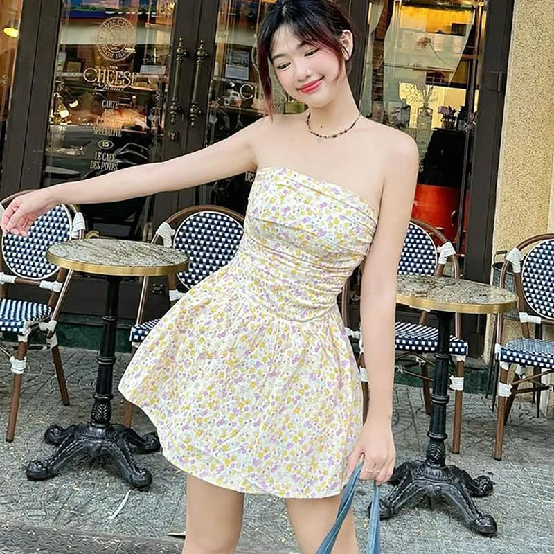 One-Shoulder Slim Strapless Print Dress For Women High Waisted Sleeveless Backless Fashion Sweet Summer New Ruched Dress