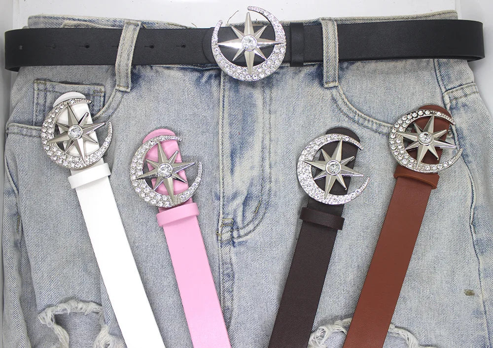 Goth Luxusmarke Neues PU-Leder mit Diamanten eingelegt Sternenmond Knopfkopfgürtel für Damen Jeansrock Punk Y2k Accessoires