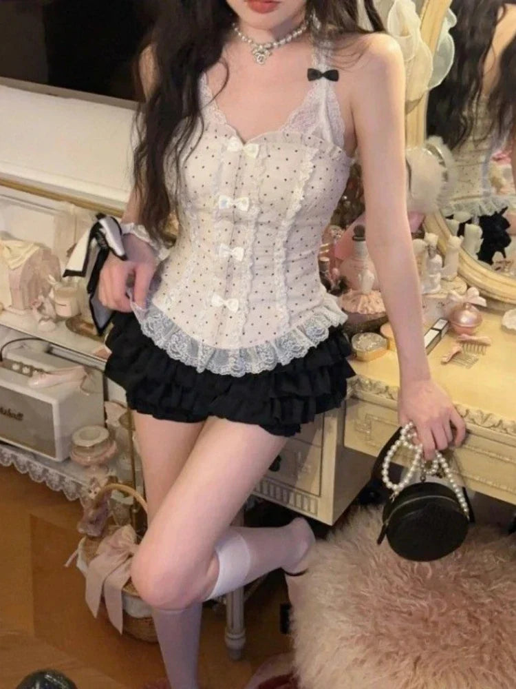 Elegante Süße Bogen Spitze Patchwork Leibchen Tops Frauen + Y2k Mode Geraffte Rüschen Röcke 2024 Sommer Neue Zwei Stück Sets