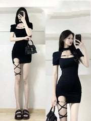 Black Hollow Out Spicy Girl Dress Women's 2025 Summer New Sexy Nightclub Short Sleeved T-shirt Skirt Wrap Hip Short Skirt XGIO