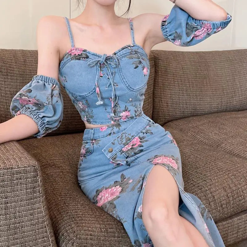 Spring Outfit Korean Summer Denim Three-piece Women's New Slimpuff sleeve  + Small Sling + High Waist Half-length Bag Hip Skirt Suit