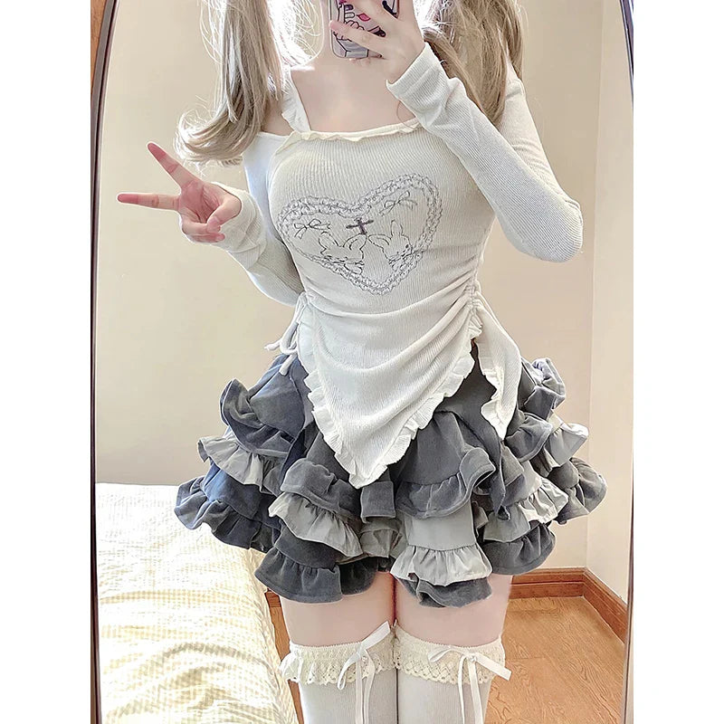 Kawaii Y2K Frauen 2 Stück Sets Süße Sexy Dünne Hemden Gothic Langarm Tops Mini Tutu Röcke Elegante Lolita Outfits 2024 Neue