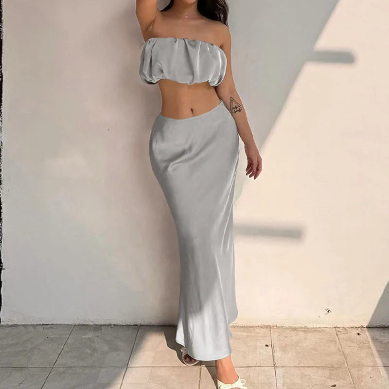 Ein-Schulter-Träger Crop Top Schlank Rock Anzug Für Frauen Sexy Satin Top Solide Langen Rock Weibliche Party Sommer Zwei Stücke Set