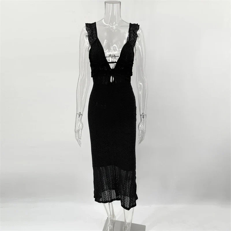 Deep V Neck Sexy Dresses Women Sleeveless See Through High Waist Long Cover Up Dress Femme Holiday Knitted Beach Dress