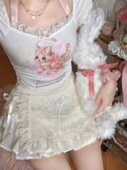 Kawaii Minirock mit Blumenstickerei, Spitze, Patchwork, A-Linie, Lolita-Rock für Damen im japanischen Stil, Cutecore, Röcke mit hoher Taille