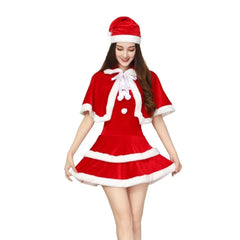Weihnachtsmann-Kostüm für Damen, Weihnachtskostüm für Erwachsene, Schnürschal, Umhang, rotes Korsett, Kleid und Weihnachtsmannmütze