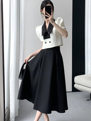 French Elegant Two Piece Sets Vintage Office Lady Puff Sleeve White Crop Top + A Line Black Midi Skirts Suit Retro Summer Outfit