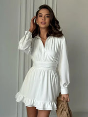 Fashion White Ruffled Dress Female Lapel Long Sleeve Mini Women's Dress Elegant Office High Waist Pleated Dress 2025 New