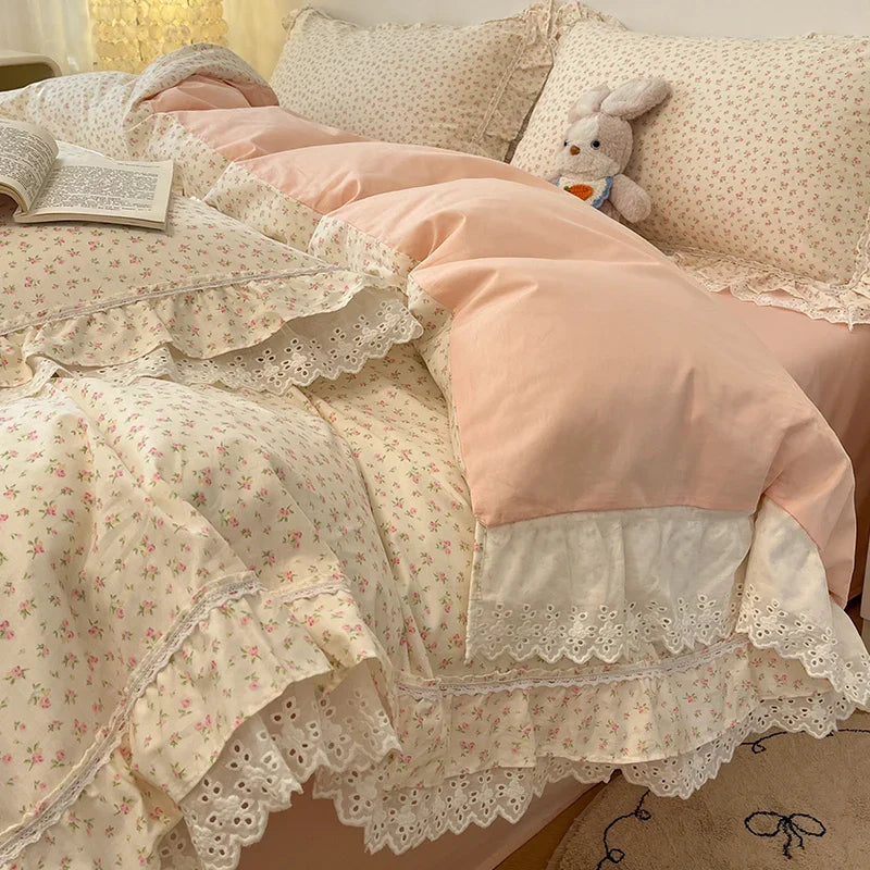 Korean Princess Style Flowers Lace Ruffles 100% Cotton Bedding Set Duvet Cover Bed Sheet/Fitted Sheet/Bed Skirt Pillowcases 4Pcs
