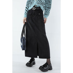 Frauen Schwarz Denim Halbkörper Rock Split Gabel Hohe Taille Casual Koreanische Mode Mittlere Länge Böden Baggy Vintage Weiblichen Langen Rock