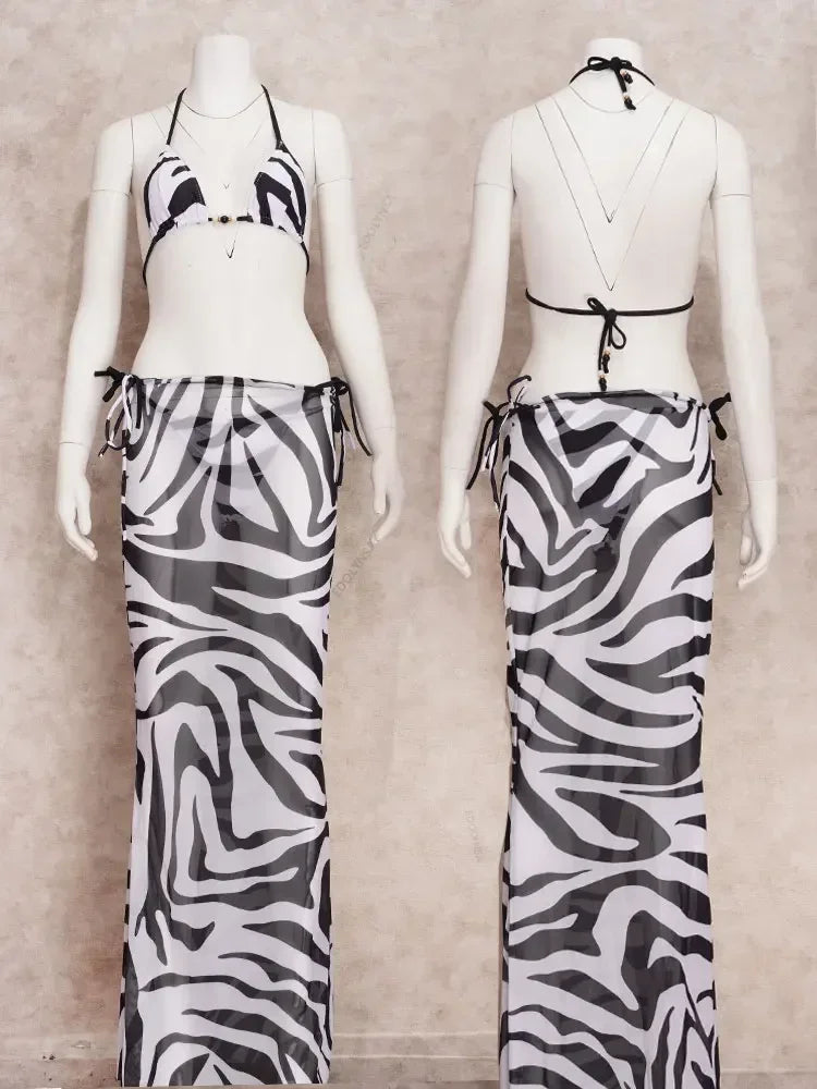 EDOLYNSA Sexy Zebrastreifen 3-teiliges Bikini-Set 2024 Sommer-Strandbekleidung Triangel-Bikinis Badeanzug Rock Bademode Cover-up A1554