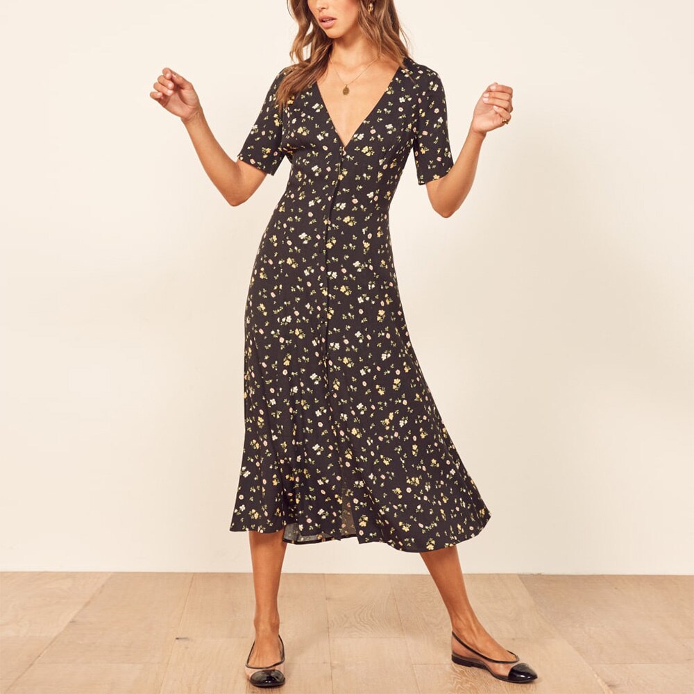 Women Dresses 2025 Back Waist Tie Vintage Print Floral Dress V Neck Short Sleeve Button Up Front Slit Summer Midi Dress
