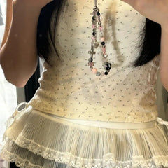 Double Layered Lace Ruched Puffy Skirts 2024 Summer New White Skirt for Women Y2k E-Girl High Waist  Up Faldas Mujer