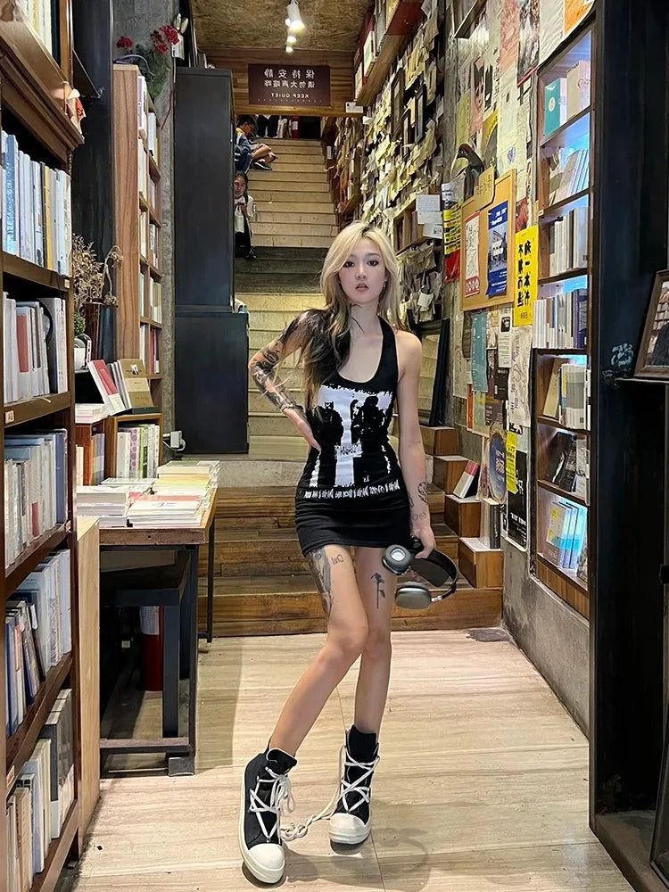 Y2k Kleidung 2000er Jahre Vintage Gothic Punk Muster Bedruckt Ärmellos Bodycon Sexy Sommer Damen Tank Top Minikleid