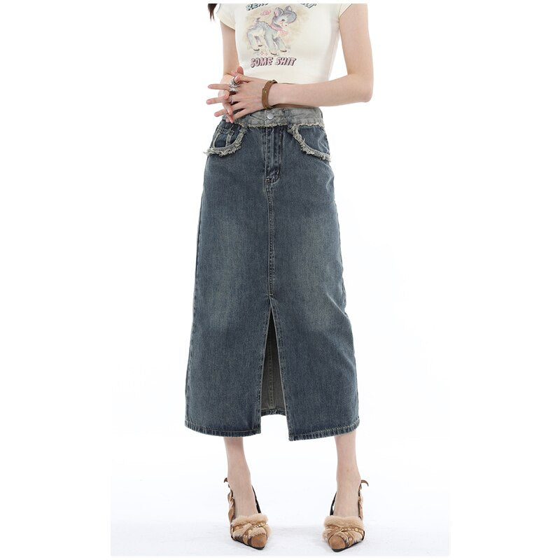 Graduation Gift Women Blue Denim Half Body Skirt Split Fork High Waist Casual Korean Fashion Clothing Mid Length Baggy Vintage Denim Long Skirt