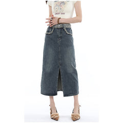 Graduation Gift Women Blue Denim Half Body Skirt Split Fork High Waist Casual Korean Fashion Clothing Mid Length Baggy Vintage Denim Long Skirt