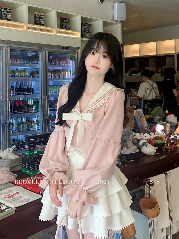 Mode Süße Sailor Kragen Bogen Langarm Tops Frauen + Y2k E-Girl Hohe Taille Rüschen A-linie Röcke Sommer Neue Zwei Stück Sets