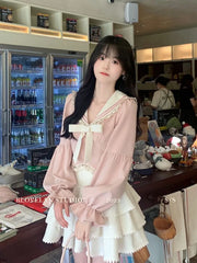 Mode Süße Sailor Kragen Bogen Langarm Tops Frauen + Y2k E-Girl Hohe Taille Rüschen A-linie Röcke Sommer Neue Zwei Stück Sets