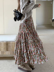 Autumn Winter Wrinkled Floral Pleated Skirt Women Korean Style Casual High Waisted A-Line Midi Long Skirts Maxi falda plisada