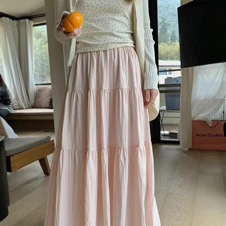 Süßer, sanfter, rosa gerüschter Rock für Frauen 2024 Sommer Neue schlanke Taille A-Linie Kleider Y2k E-Girl Mittellanger, lockerer Faldas Mujer