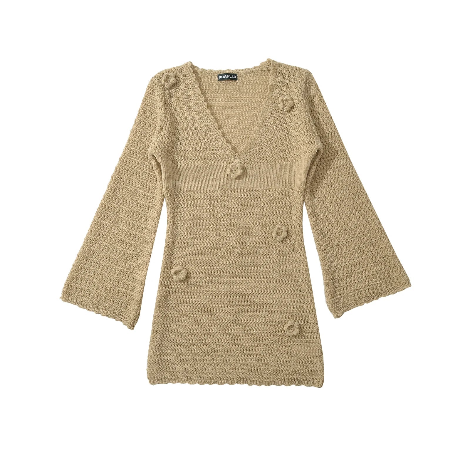 3D Flower Hand Crotch Full Flare Sleeve Sweater Dress