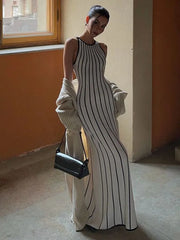 Retro Striped Knit Sleeveless Long Dress For Women Autumn Contrasting Color Slim Beach Holiday Sweater Dresses Elegant