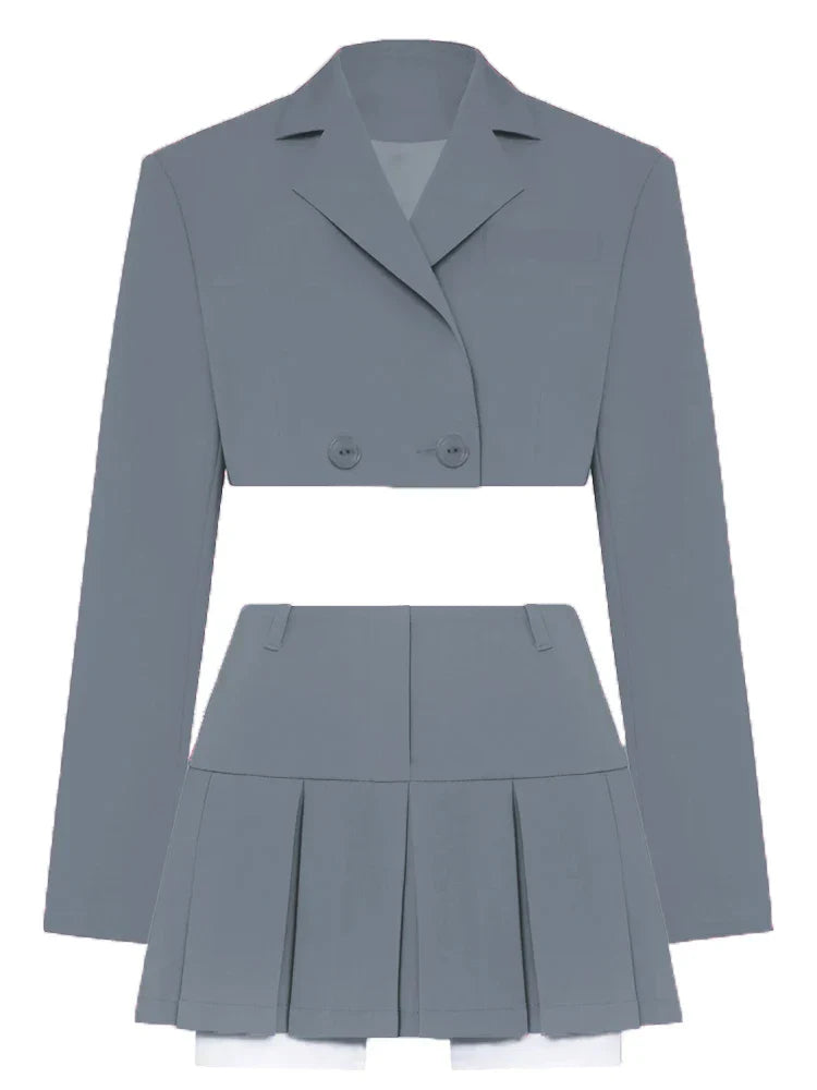 2023 Casual Blazer And Skirt Sets For Women Two Piece Set Outfits Gray Ladies Cropped Coat Blazer Femme 2-Piece Sets New