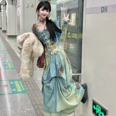 Elegant Vintage Tie Dye Slim Fit Fungus Long Sleeve Tops Women+ Y2k High Waist Ruched Skirts 2024 Summer New Two Piece Sets