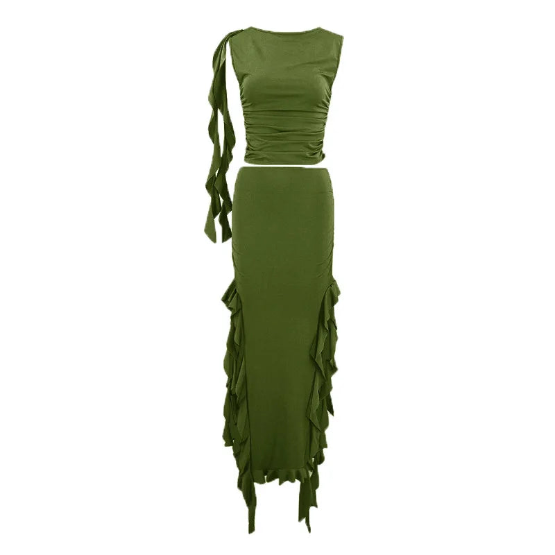 Ruffle Side Slit Dress Sets Women Bodycon Sleeveless O Neck Crop Tops High Waist Sheath Skirt 2 Piece Sets Womens Outfits