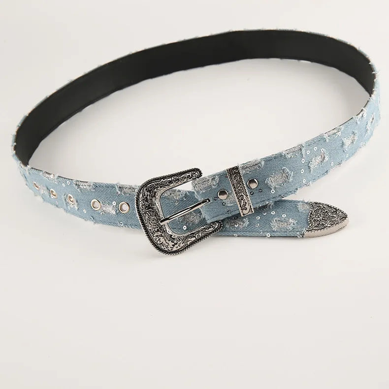 Modischer Vintage-Jeansgürtel in Blau mit Retro-Schnitzmuster und Nadelschnalle, Y2k-Gürtelriemen für Damen, Jeans, Kleiderzubehör