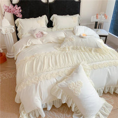 4Pcs Korean Princess Style Flowers Lace Ruffles Bedding Set Queen King Duvet Cover Bed Skirt/Bed Sheet/Fitted Sheet Pillowcase