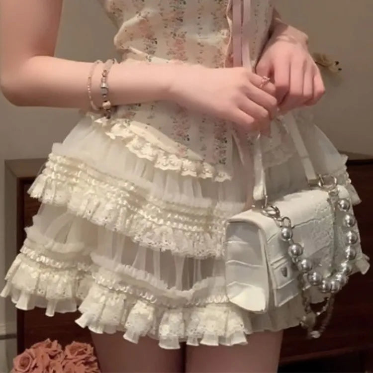 Sweet Square Collar Bow Puff Sleeve Slim Fit Floral Tops Women+ High Waist Ruched Lace Skirts 2024 Summer New Two Piece Sets