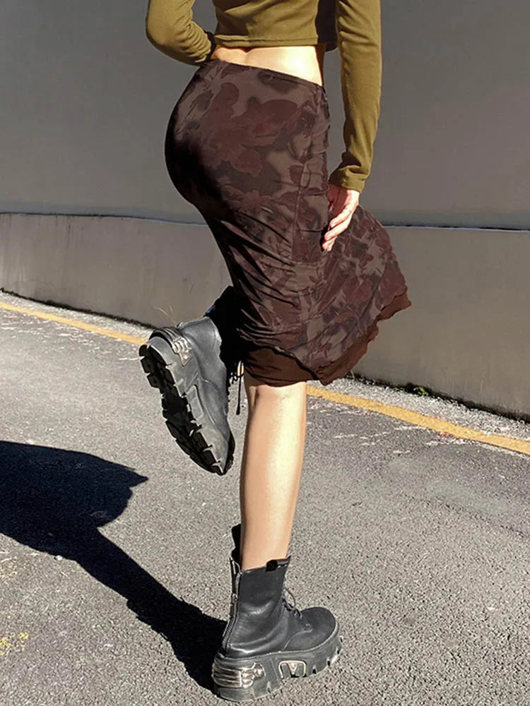 Harajuku Vintage A-Linie Midiröcke Gothic Grunge Ästhetischer Sommerrock mit niedriger Taille Damen Sommer Blumendruck