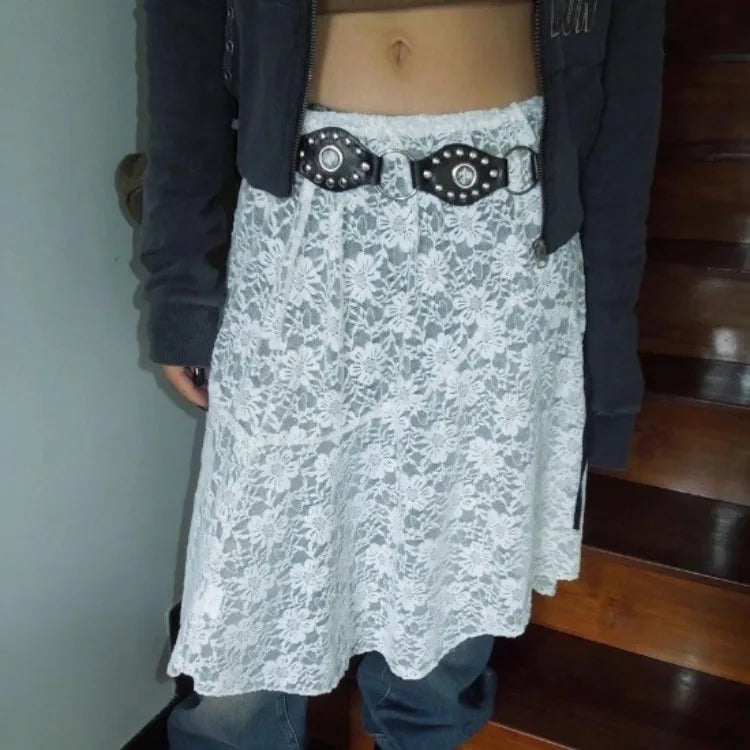 Koreanischer einfacher weißer Spitzenrock für Frauen, Sommer, neue hohe Taille, A-Linie, Röcke, Y2k, Fairycore, mittellang, Falda Sexy Mujer