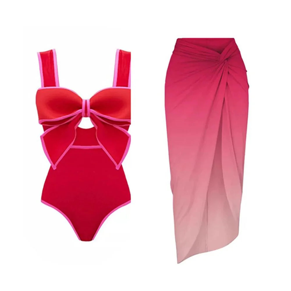 Einteiliger Badeanzug mit passendem Midirock für Frauen 2024 Neue Bademode Weiblicher Monokini-Strandbadeanzug mit Fliege-Dekor