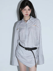 Blue Gray Stripe Shirt Dress Sexy Lapel Long Sleeve Irregular Skirt for Women Fashion Slim Fit Office Lady Mini Dresses