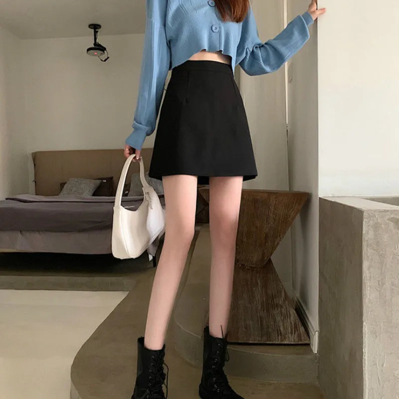 Schwarze Röcke Frauen Mitte der Wade College A-Linie Hohe Taille Koreanischen Stil OL Alle-Spiel Freunde Streetwear Chic Weiblichen Boden