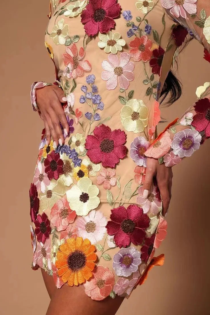 3D Flower Sexy Wrap Hip Dress For Women Slim Long Sleeve Streetwear Vestidos De Mujer 2023 Retro Trend Mini Dresses Woman