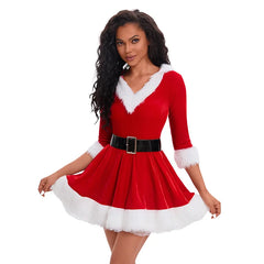 Neue Mode Frauen Halbarm Solide Beliebte Damen Weihnachtsmann Weihnachten Thema Kostüm Cosplay Outfit Gürtel Ausgefallenes Weihnachtskleid
