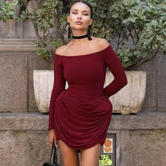 Elegant Ruched Long Sleeve Dress For Women One Shoulder Bodycon Mini Dress Sexy Club Party Dresses Lady Solid High Waist