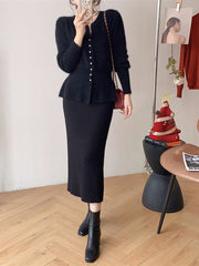 Elegant Skirt Sets Women 2 Piece Outfit 2023 Autumn Winter Solid Long Sleeves Knitted Sweater Skirt Set Korea Fall Outfits 2023